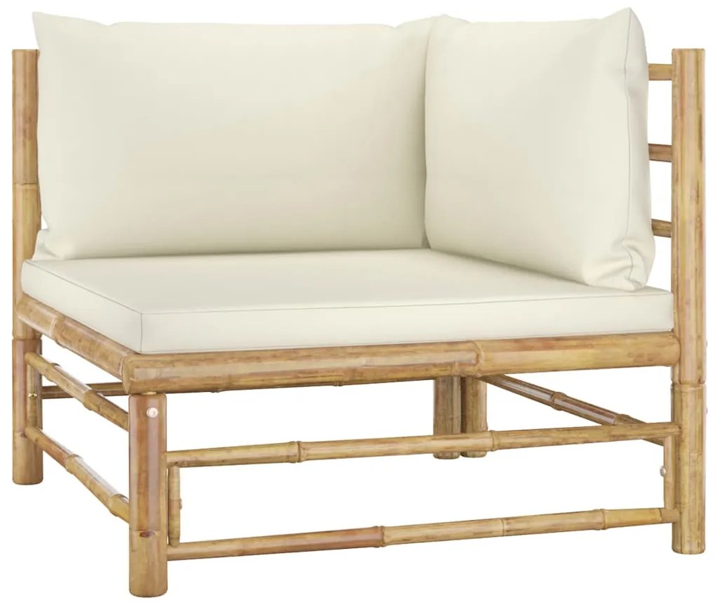 313145 vidaXL Sofá de canto p/ jardim com almofadões branco nata bambu