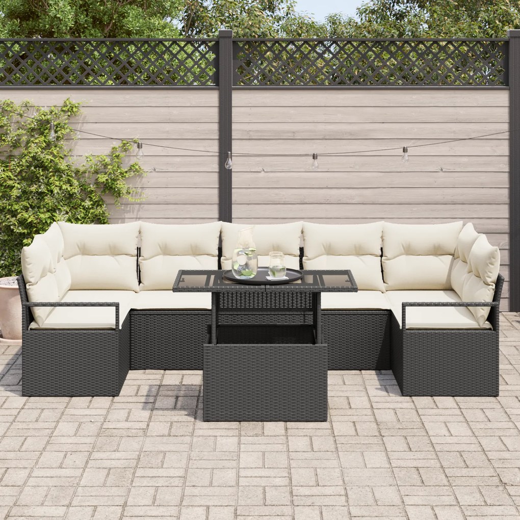 Conjunto de Sofá de Jardim de 8 Peças com Almofadas Rattan Poliéster P