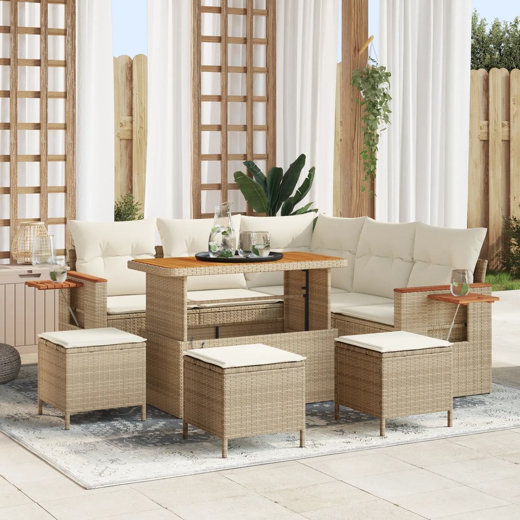 Conjunto de Sofá de Jardim de 9 Peças com Almofadas Bege em Rattan Poliéster Acácia