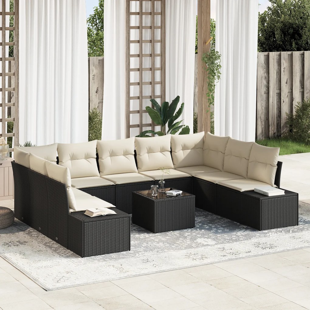Conjunto de Sofá de Jardim de 9 Peças com Almofadas em Vime PE Marrom