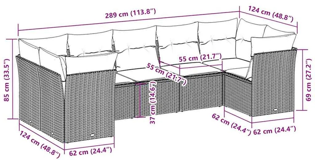 7 pcs conj. sofás jardim com almofadões vime PE cinzento-claro