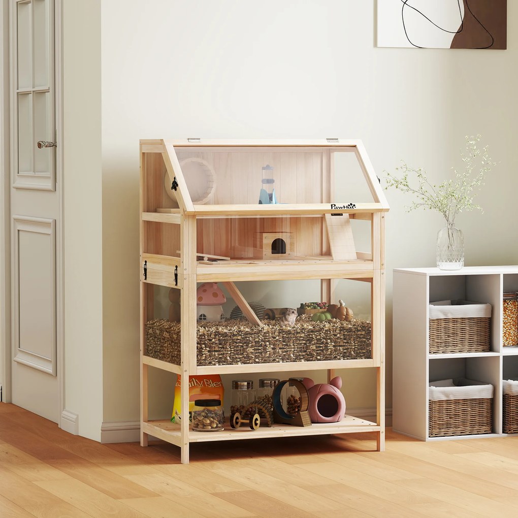 Gaiola para hamster, habitat para roedores de 3 andares com painel acrílico e roda, 80 x 53 x 117 cm, com efeito de madeira natural