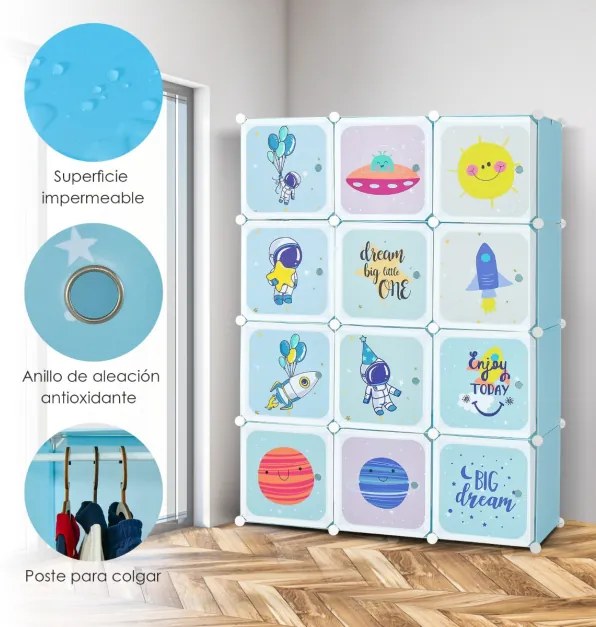 Estante modular portátil para guarda-roupa infantil com 12 cubos com 2 seções suspensas para brinquedos, sapatos, roupas, 107 x 36 x 142 cm, azul