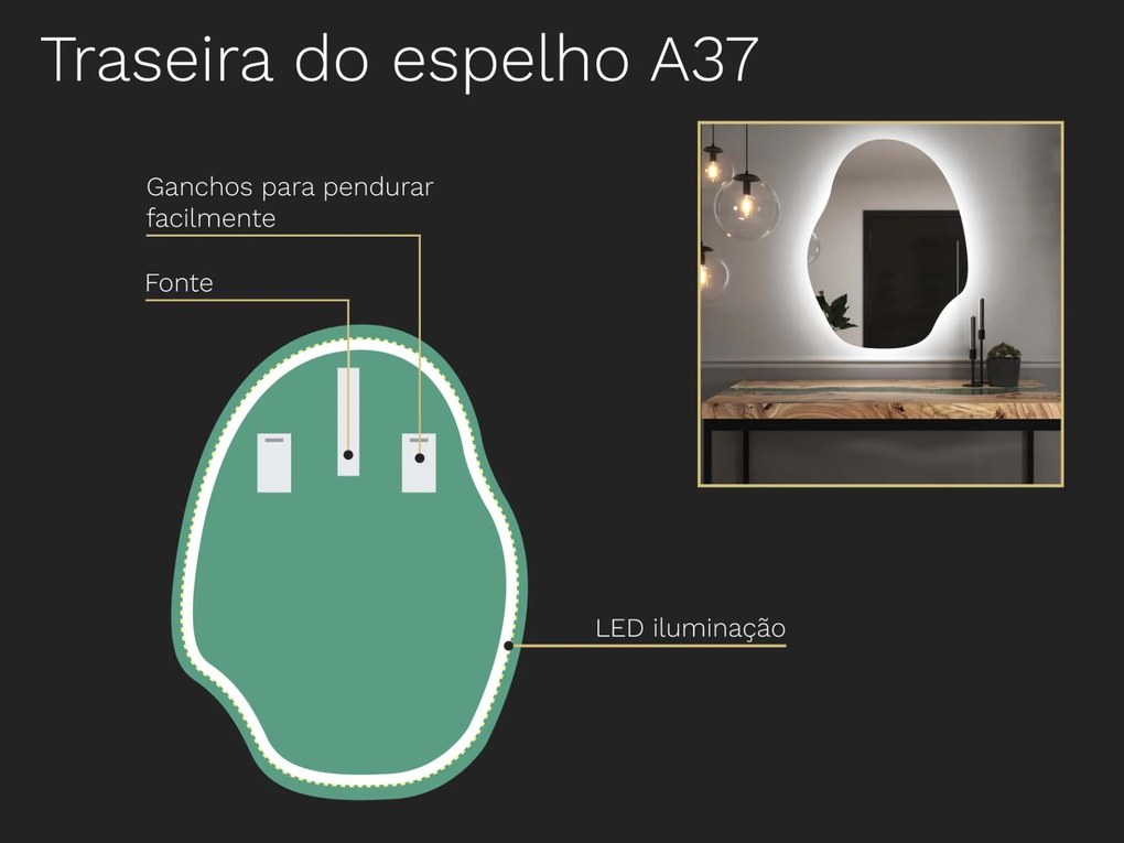 Espelho LED orgânico com iluminação A37 45×60
