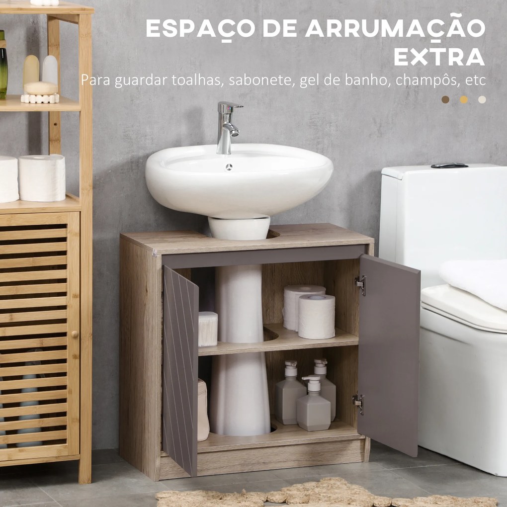 Móvel para Lavatório Casa de Banho com Porta Dupla e Prateleira Ajustável Carga 50kg 60x30x59,8 cm Carvalho e Cinza