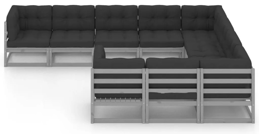 10pcs conjunto lounge de jardim + almofadões pinho maciço cinza