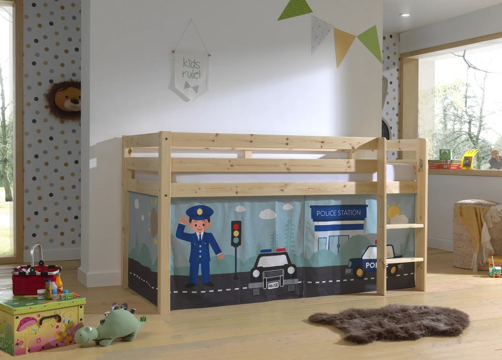Cama alta de Criança PINO 90 x 200 cm + estrado + escada + cortina Policia Natural