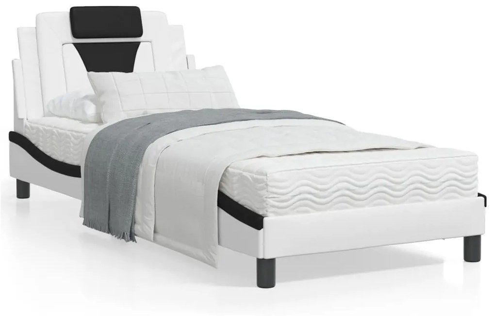 vidaXL Estrutura cama c/ luzes LED 90x190 cm couro artif. branco/preto