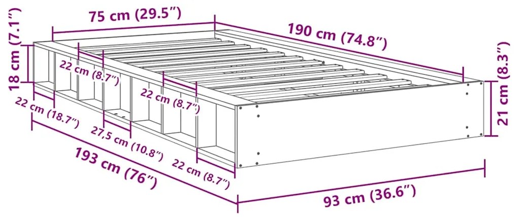 Estrutura de cama sem colchão 75x190 cm Carvalho de maciça