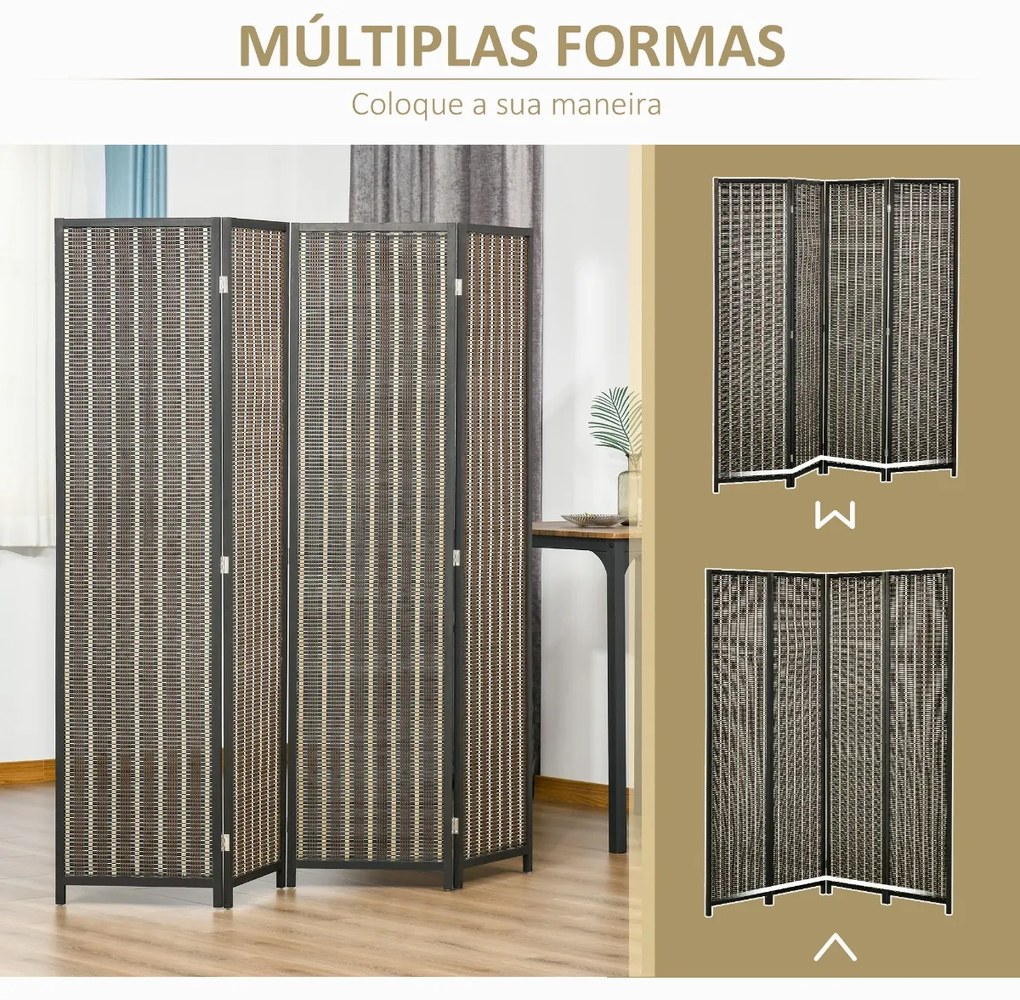 Biombo de 4 Painéis de Bambú Separador de Ambientes Dobrável Divisória para Espaços 180x180cm Marrom e Preto