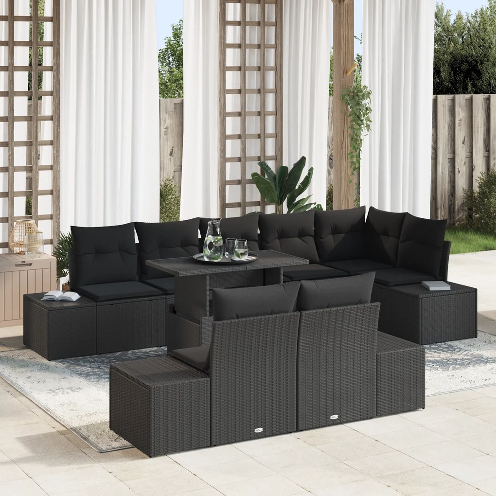 Conjunto de Sofás de Jardim de 9 Peças com Almofadas em Rattan Preto