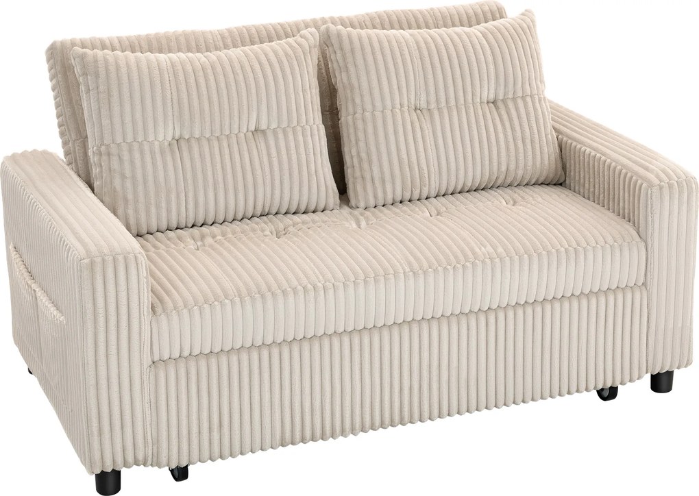 HOMCOM Sofá-cama 2 lugares, revestimento cotelê, conversível em cama, 2 almofadas, bolsos laterais, 157 x 190 cm, creme branco | Aosom Portugal