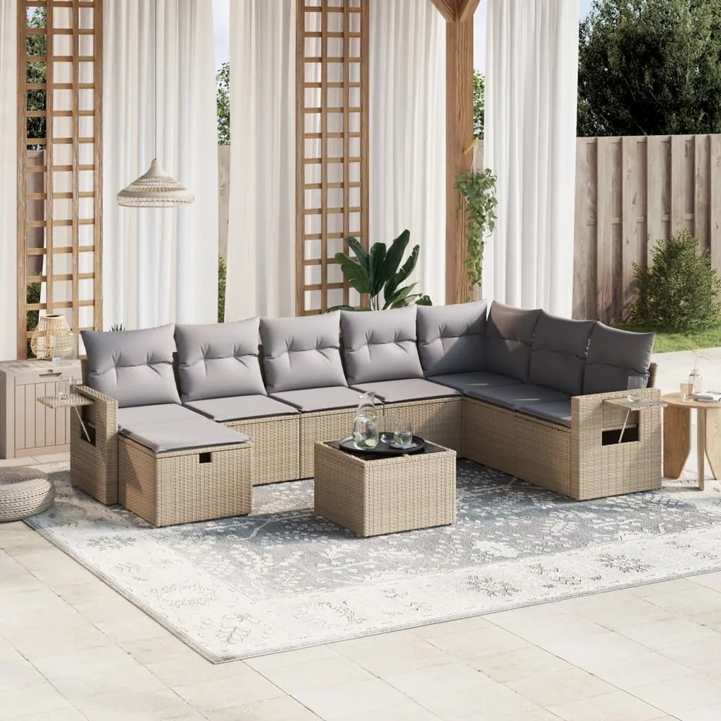 vidaXL 9 pcs conj. sofás jardim c/ almofadões vime PE bege misturado