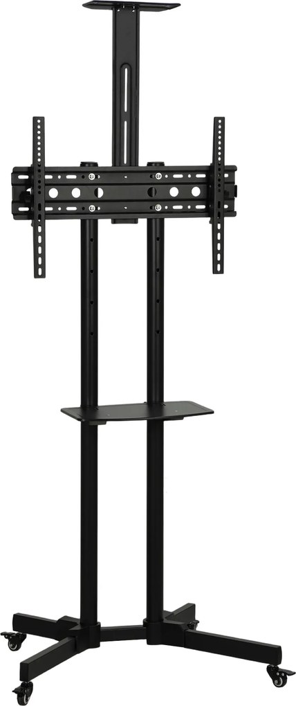 HOMCOM Suporte para TV com Rodas 32"-75", Altura Regulável, Inclinação ±15° e 2 Prateleiras, Preto | Aosom Portugal