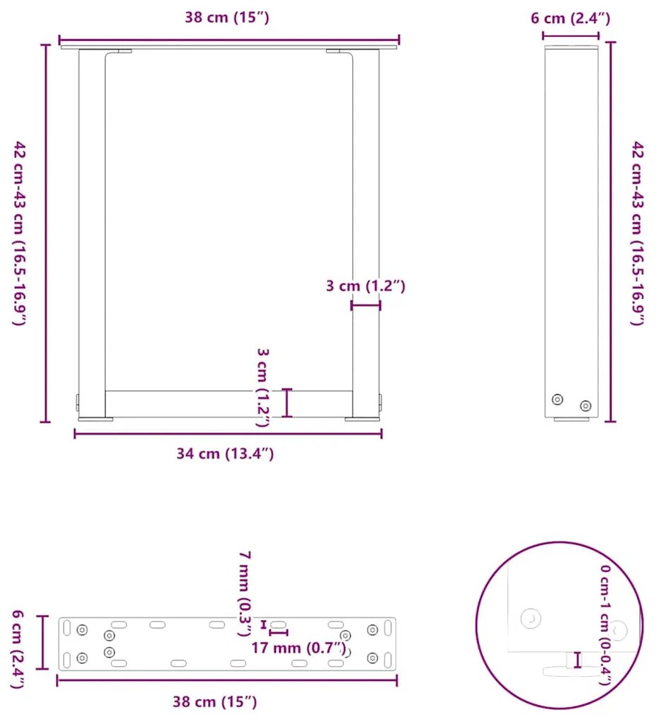 Pés para mesa de centro em formato de U, 2 peças, preto, 38x(42-43) cm