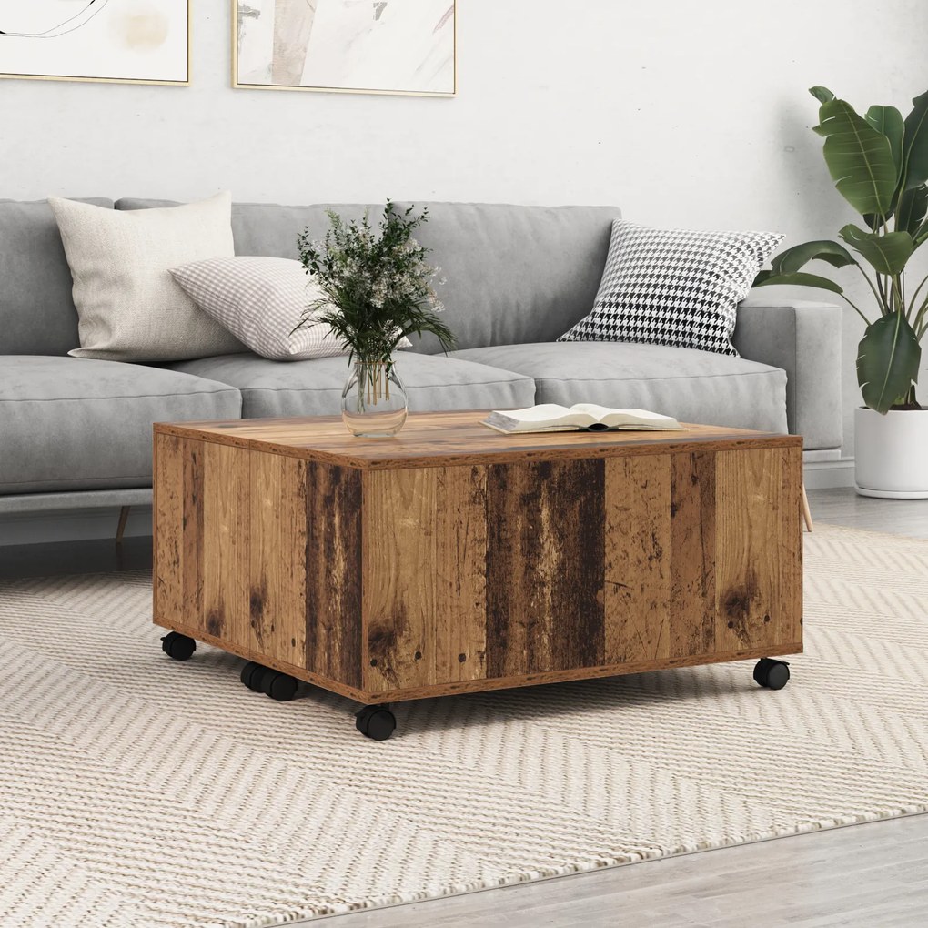 vidaXL Mesa de centro com roda com armazenamento Madeira Antiga 75 x 75 x 38 cm