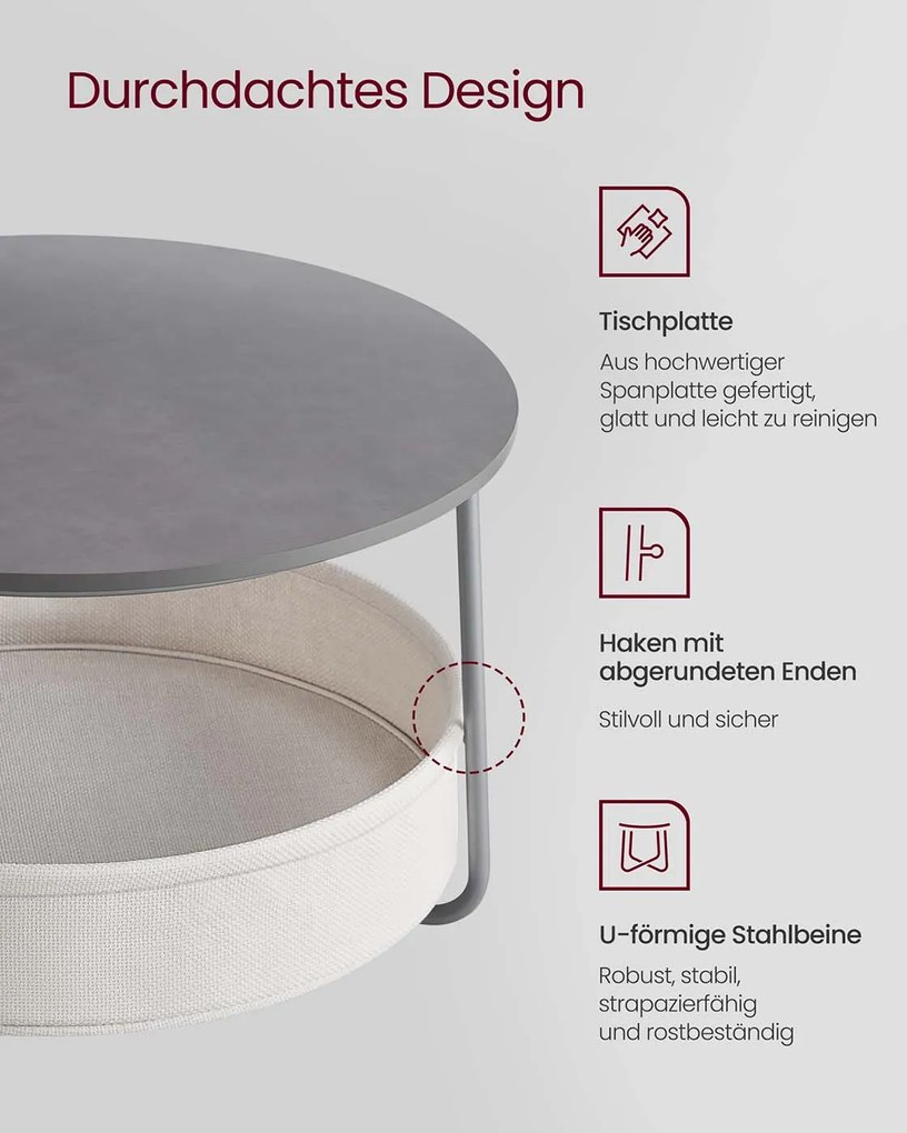 Mesa de centro redonda com cesto em tecido 75 x 45 cm cinzento + branco creme