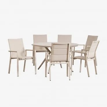 Conjunto De Mesa Redonda Valería (ø125 Cm) E 6 Cadeiras De Jardim Empilháveis De Alumínio Karena Tapioca Bege - Sklum