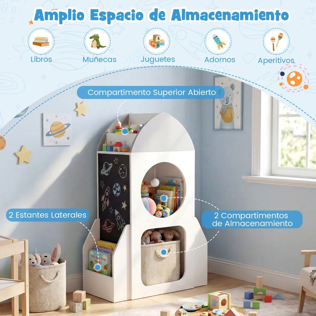Estante infantil de 3 níveis com tema espacial 60 x 31 x 94 cm, quadro negro e 2 compartimentos para sala de aula, brinquedos e creche – Branco + Cinz