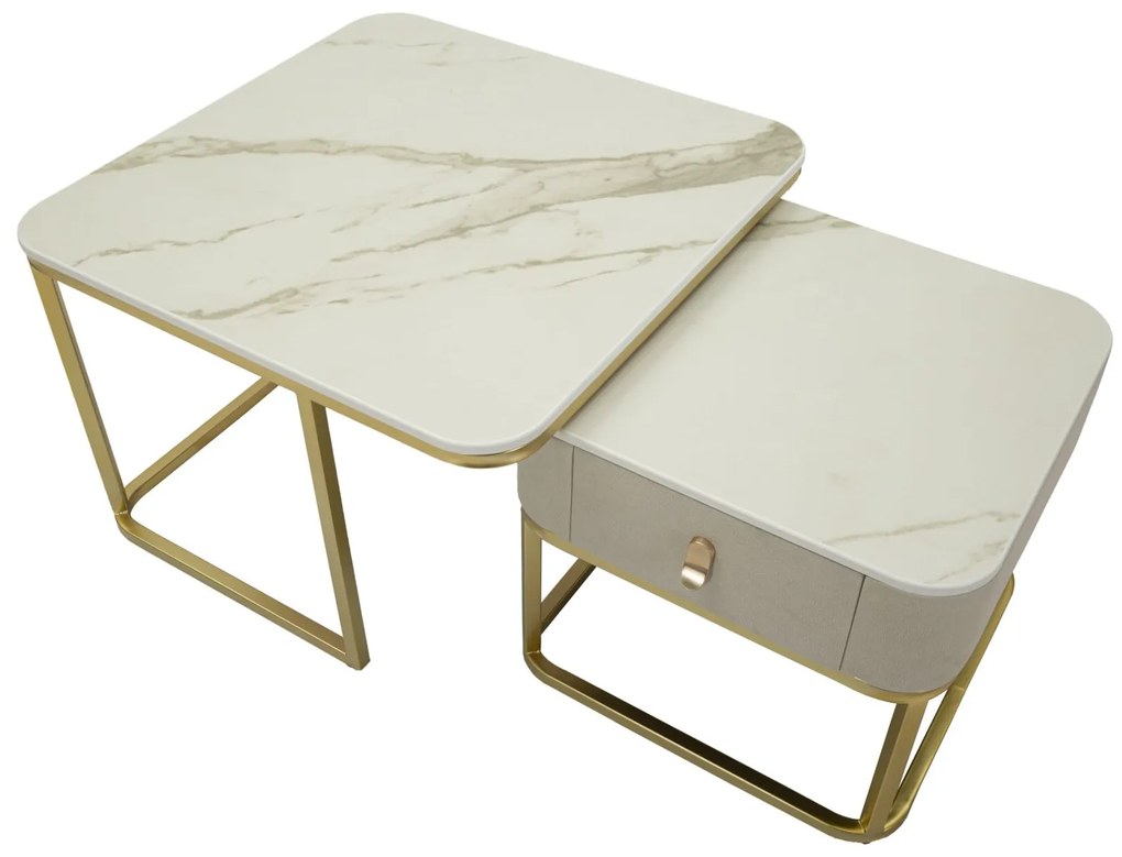 CONJUNTO DE MESAS DE CAFÉ BEAUTRY 2 PEÇAS CM 70X70X48-50X50X43,5 CREME E DOURADO