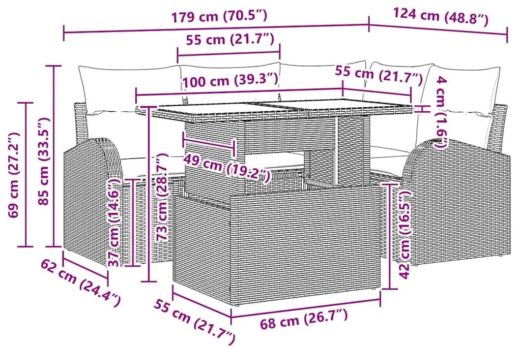 Sofá de Jardim em Rattan Sintético com 5 Peças e Almofadas Pretas