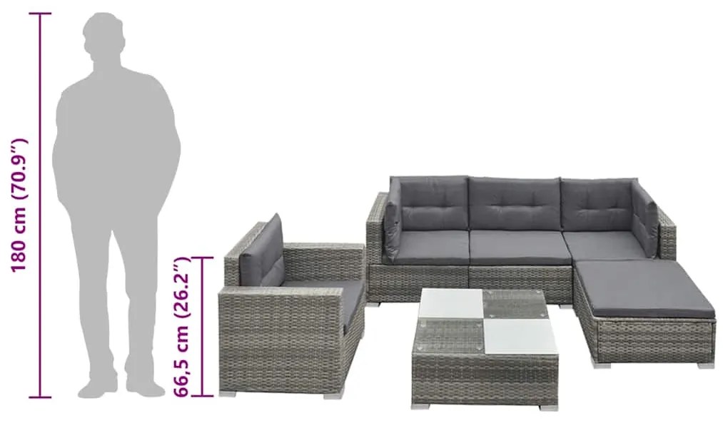 6 pcs conjunto lounge de jardim c/ almofadões vime PE cinzento