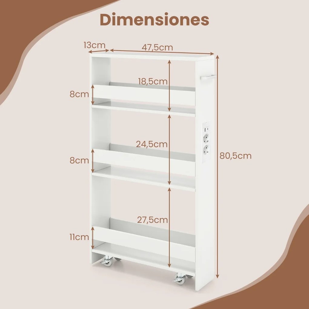 Carrinho cozinha estreito 47,5 x 13 x 80,5 cm com estação de carregamento de 4 níveis com rodas bloqueáveis Branco