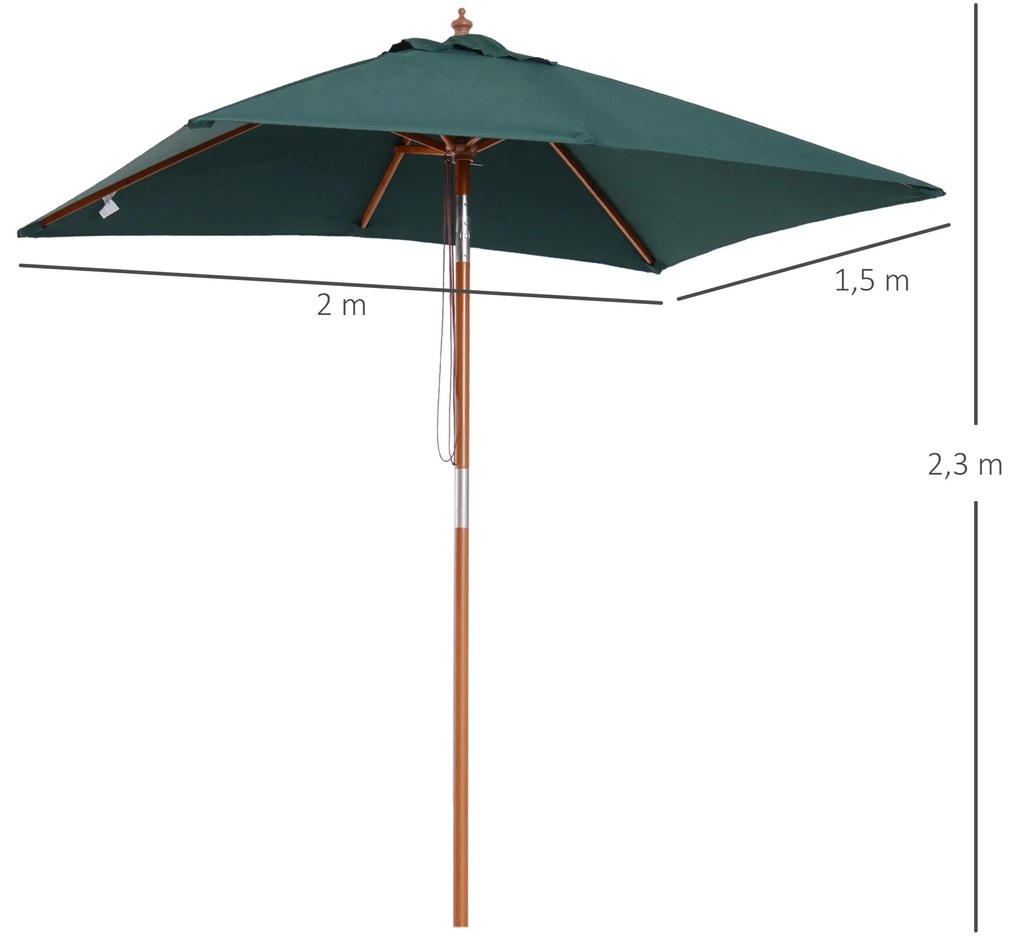 Outsunny Chapéu de Sol de Jardim 200x150x230cm Chapéu de Sol Retangular Inclinável com Polia Duplo Teto e Mastro Desmontável de Madeira para Terraço Pátio Verde