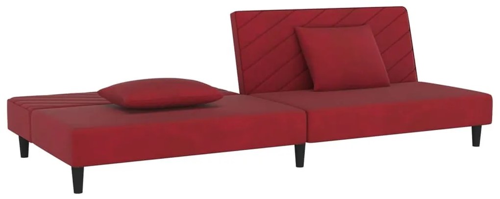 Sofá-cama 2 lugares com duas almofadas veludo vermelho tinto