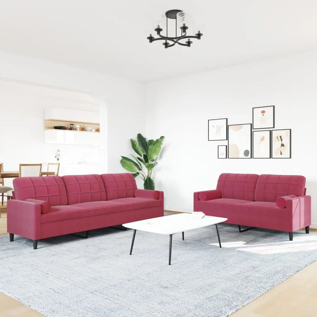 2pcs conjunto sofás c/ almofadões e rolos veludo vermelho tinto