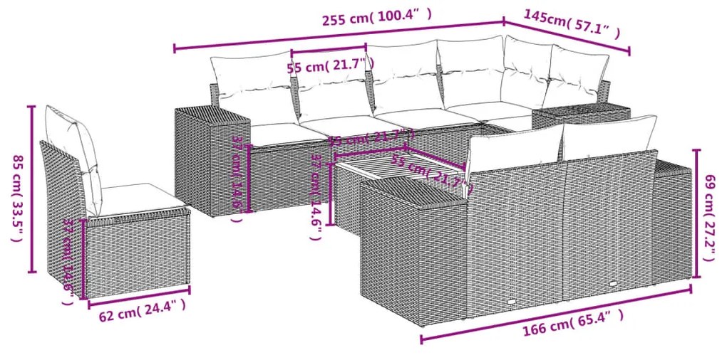 9 pcs conjunto de sofás p/ jardim com almofadões vime PE bege