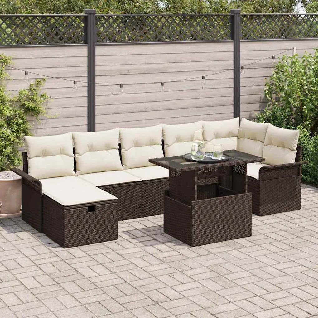 vidaXL Conjunto de Sofá de Jardim 8 Peças com Almofadas Rattan Poliéster Castanho