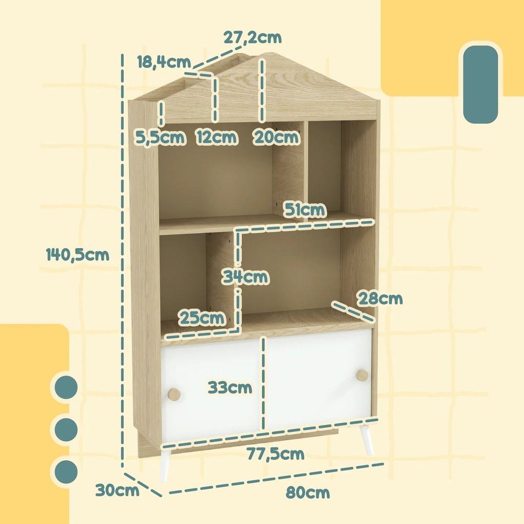 Estante Infantil com 4 Compartimentos Estante de Livros para Crianças com Prateleiras Abertas e Armário 80x30x140,5 cm Branco e Madeira