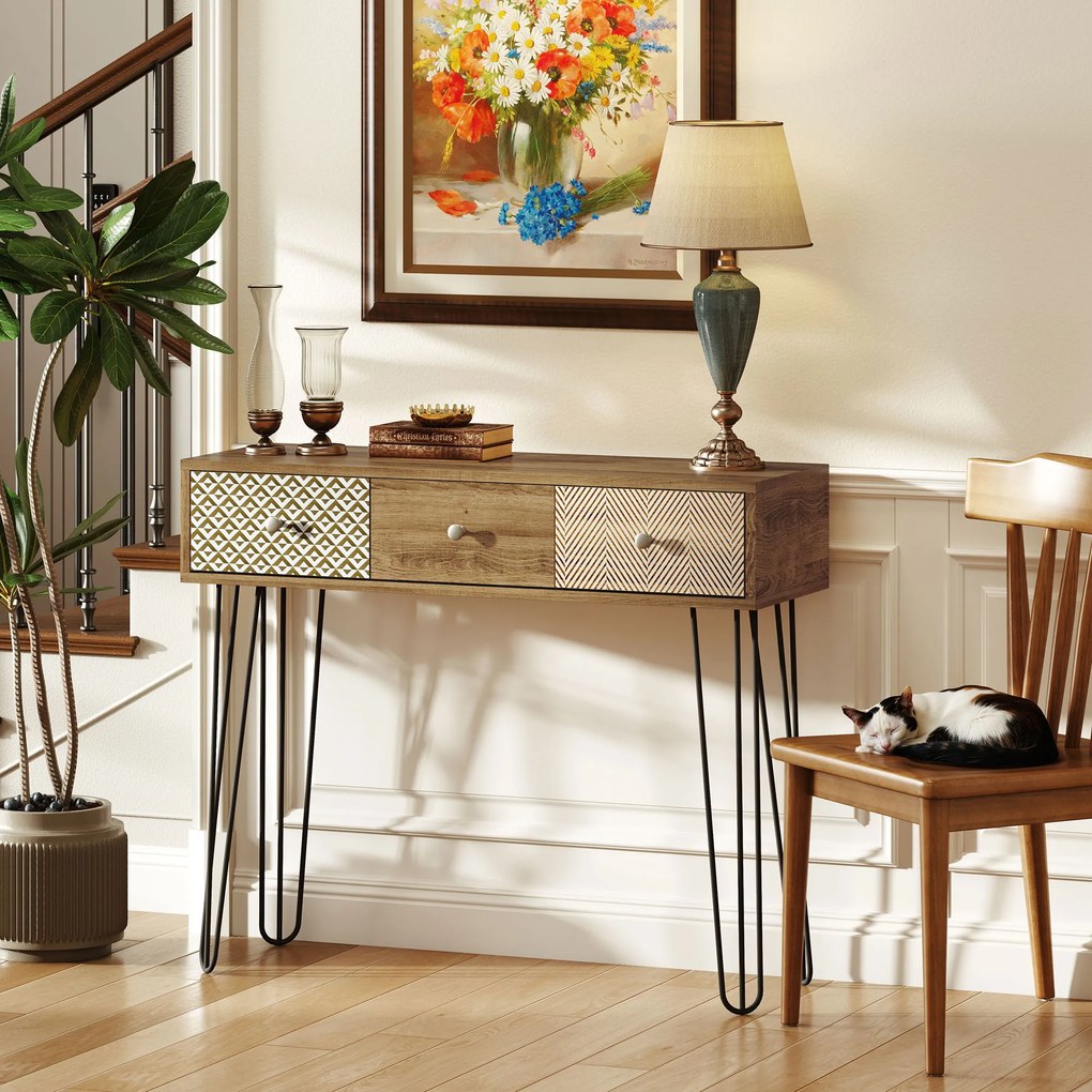 Mesa Consola com 3 Gavetas Consola Estreita para Entrada com Pés de Aço 90x30x75 cm Madeira