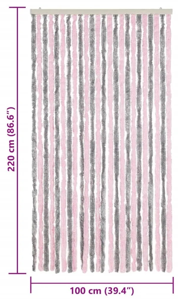 Cortina anti-insetos 100x220 cm chenille cinza-prateado e rosa