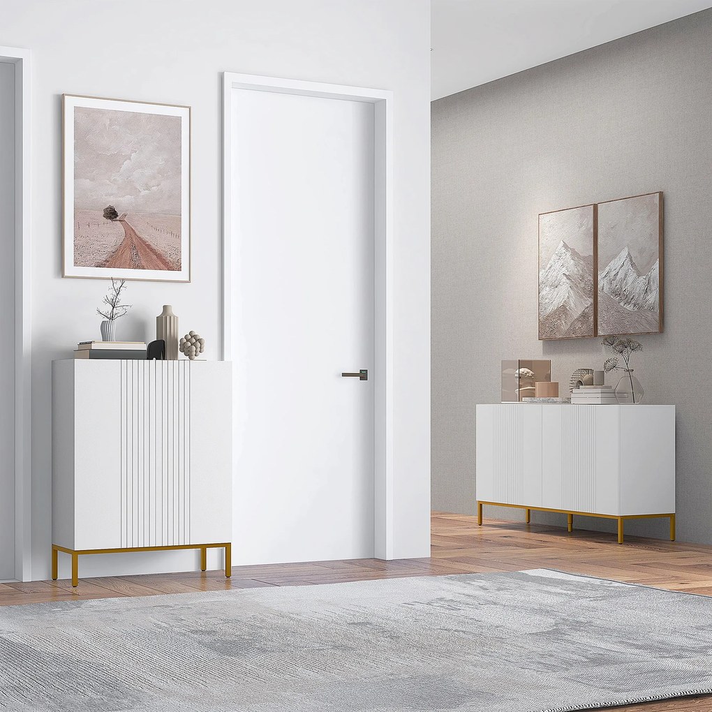 Aparador de design contemporâneo com motivos gráficos 140 x 40 x 75 cm, 2 armários com portas e prateleiras ajustáveis, em madeira branca e metal dour