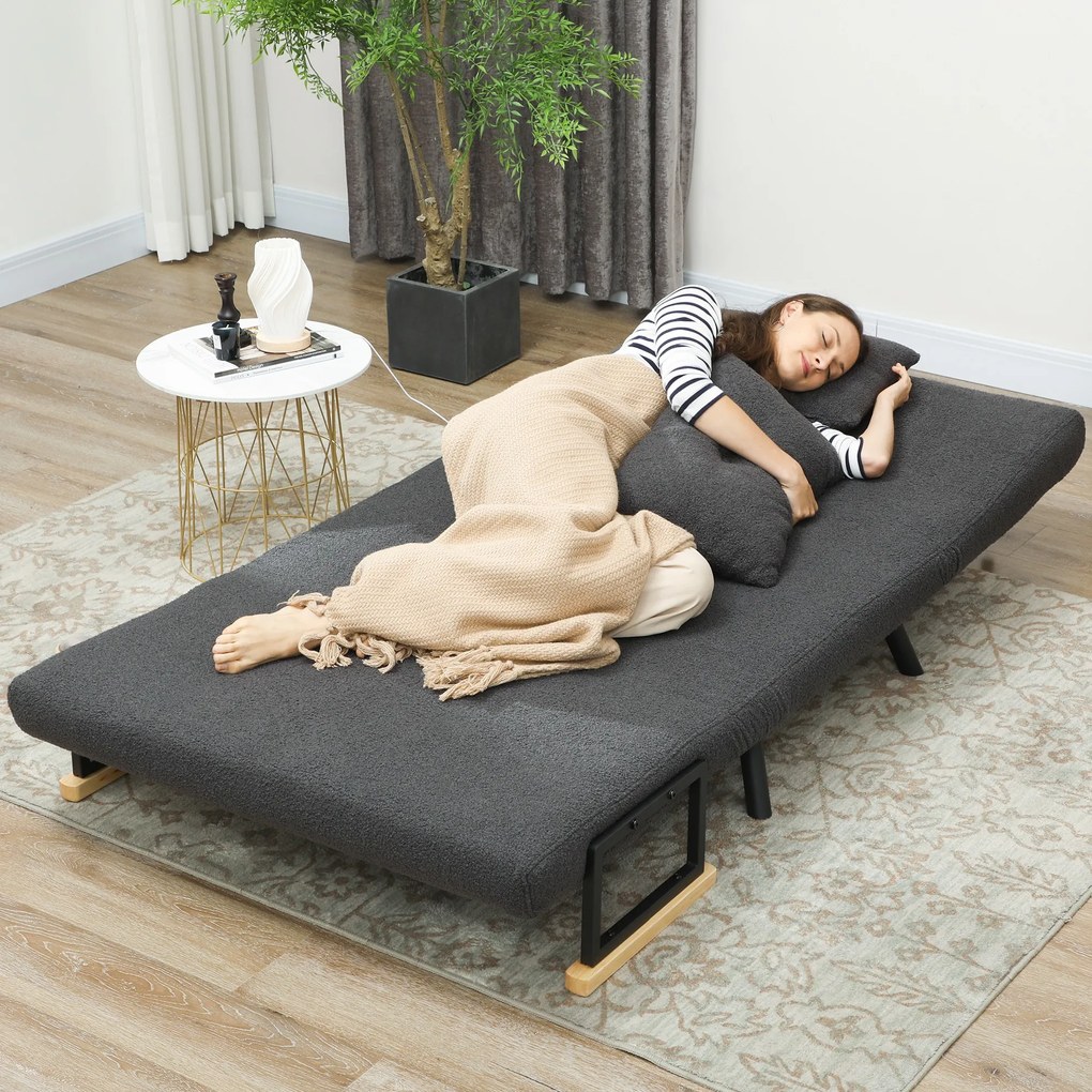 Sofá Cama Sofá Convertível em Cama de 2 Lugares Dobrável com Encosto Ajustável em 5 Níveis e 2 Almofadas 102x73x81 cm Cinza