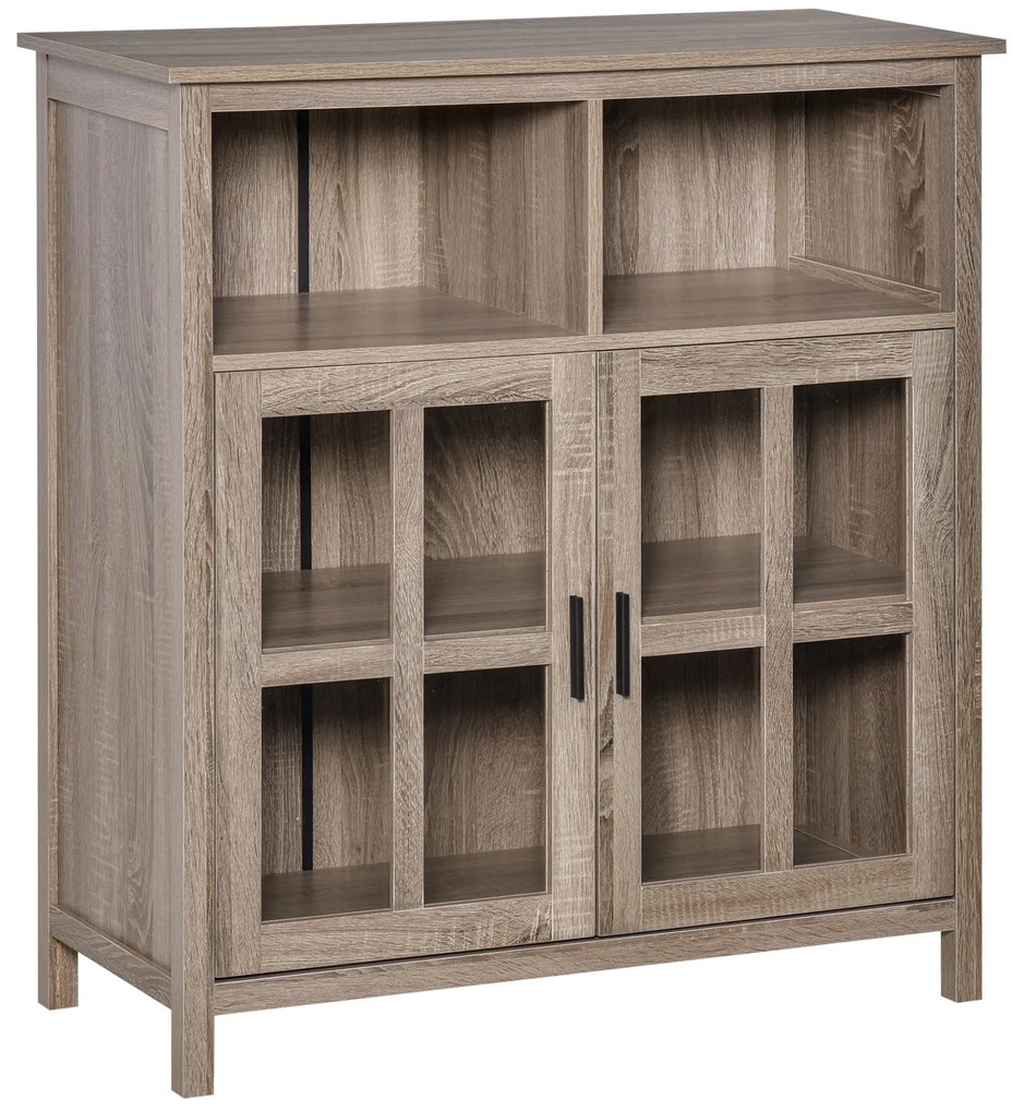 Aparador de Cozinha Armário Buffet com 2 Portas de Vidro e 2 Compartimentos Abertos Móvel Auxiliar de Armazenamento para Sala de Jantar Sala de