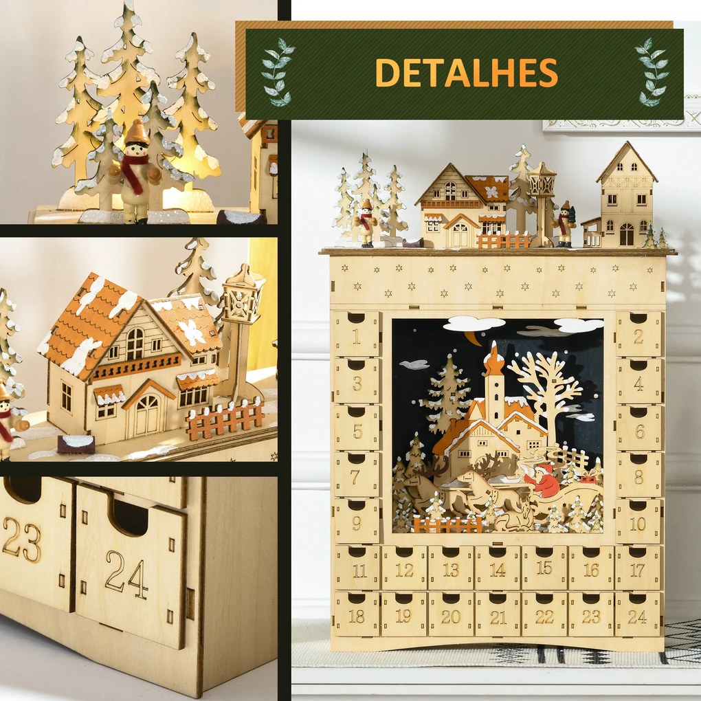 HOMCOM Calendário de Advento com Iluminação LED e 24 Gavetas de Contagem Regressiva Calendário de Advento de Madeira Decoração de Natal 36x9x52 cm Madeira