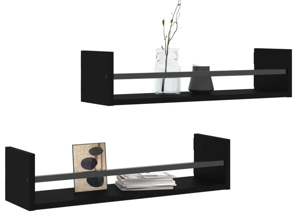 Prateleiras de parede com barras 2 pcs 60x16x14 cm preto