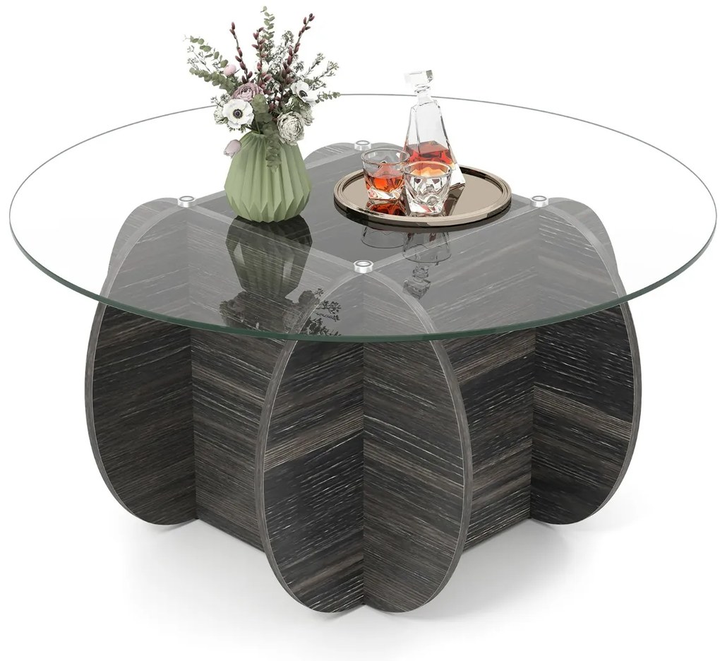 Mesa de Centro Redonda 89 x 89 x 46 cm Moderna com Tampo de Vidro Temperado e Base de Madeira Maciça Cor Carvalho Rústico Escuro