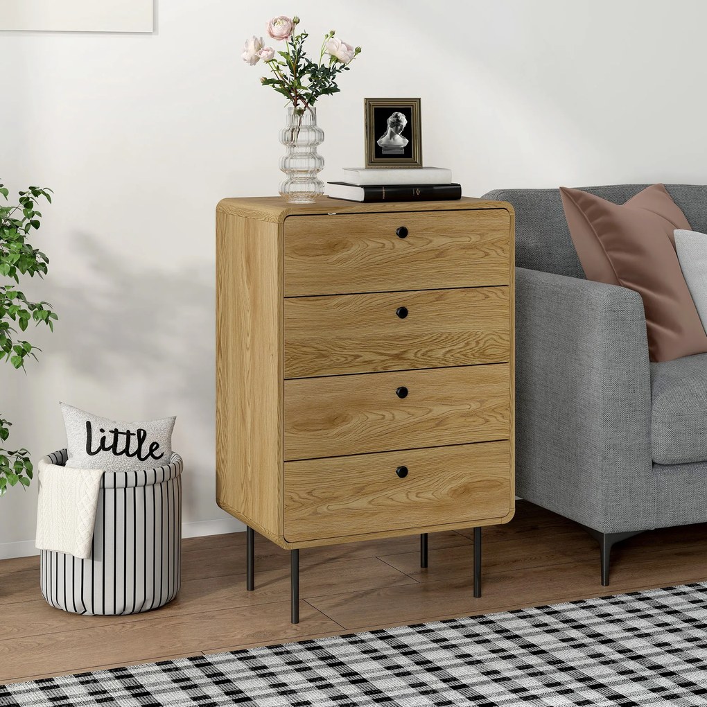 Cómoda com 4 gavetas, móvel de arrumação estreito com pés em aço, cantos arredondados, 60 x 39 x 91,5 cm, carvalho