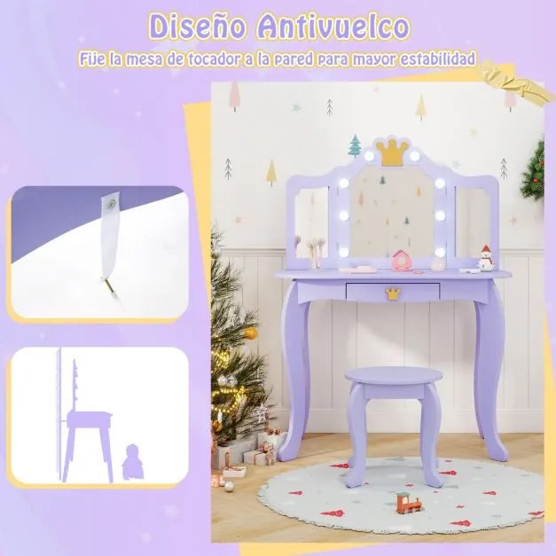 Conjunto de Toucador infantil com espelho iluminado dobrável, brilho ajustável, e cadeira de princesa, gaveta removível Púrpura
