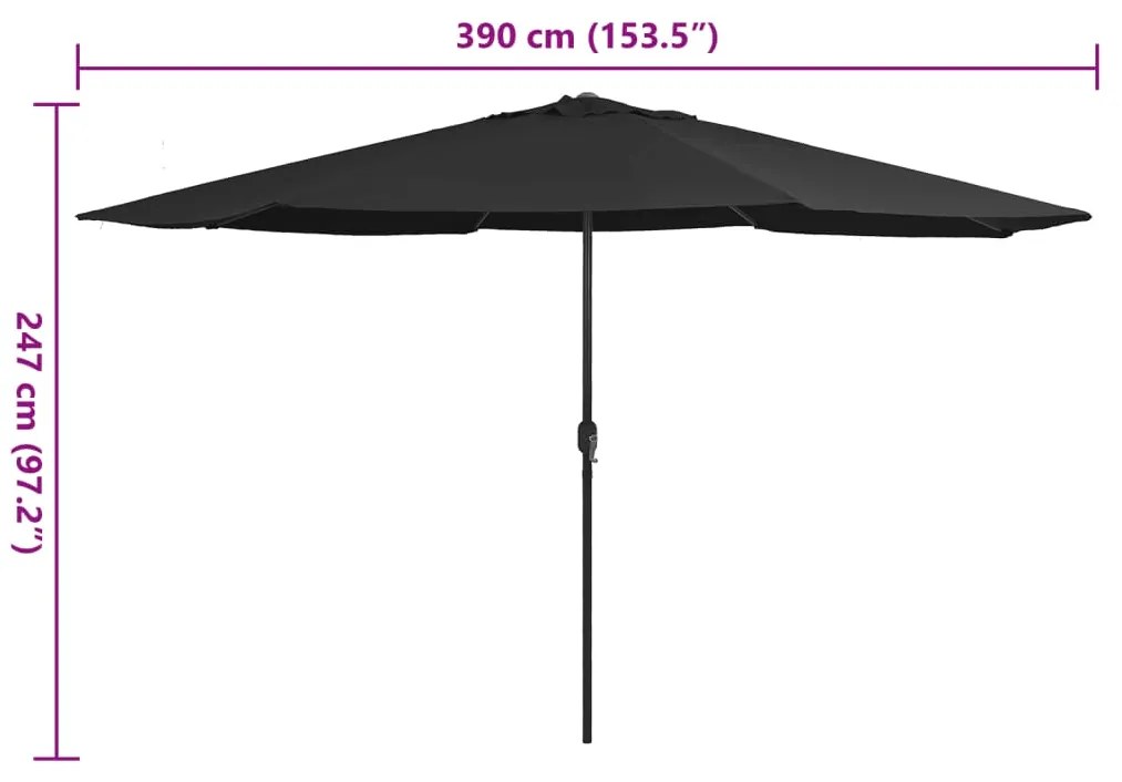 Guarda-sol de jardim com poste de metal 390 cm preto