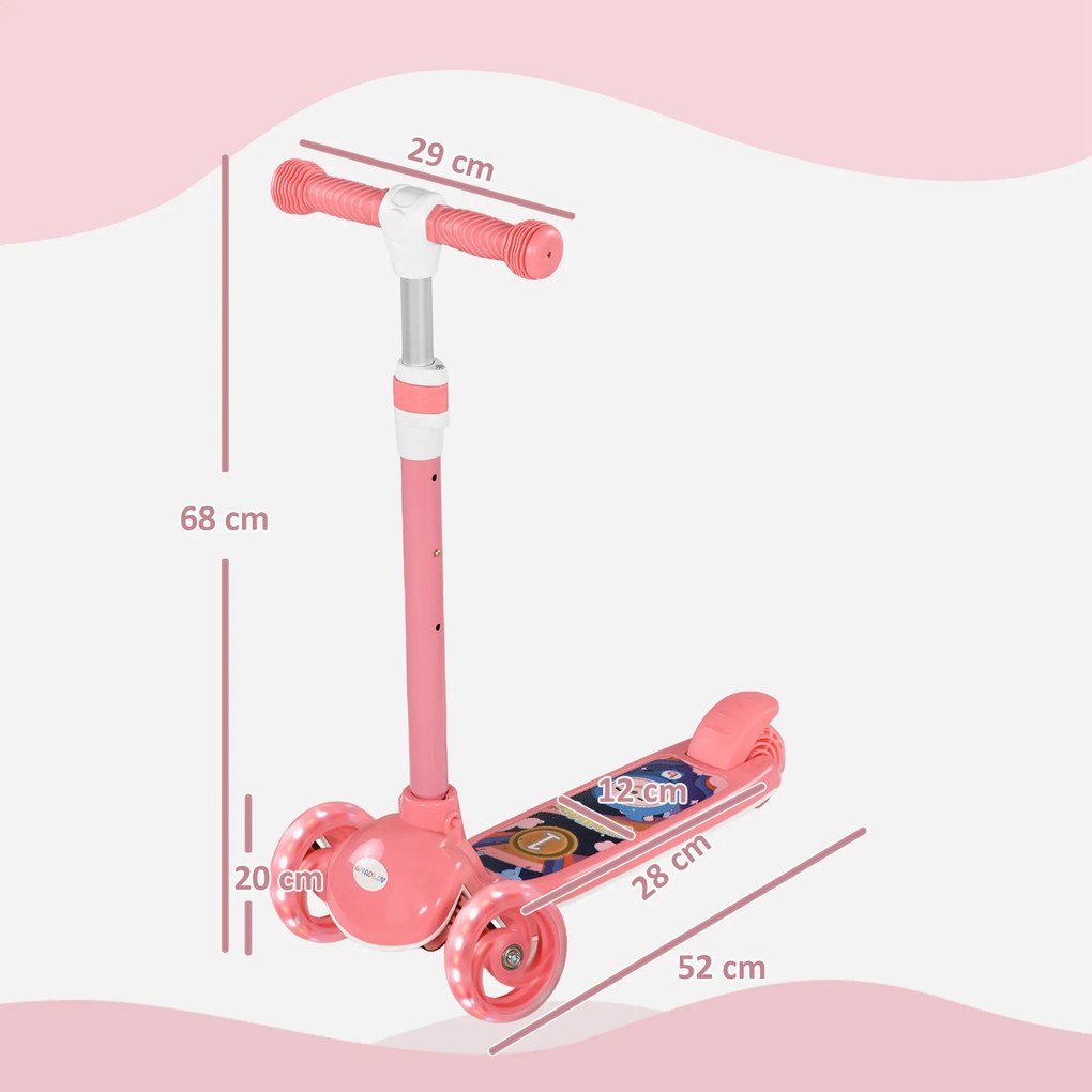 Trotinete para Crianças Trotinete com 3 Rodas LED Altura Ajustável Carga 25 kg 52x29x63-76 cm Rosa