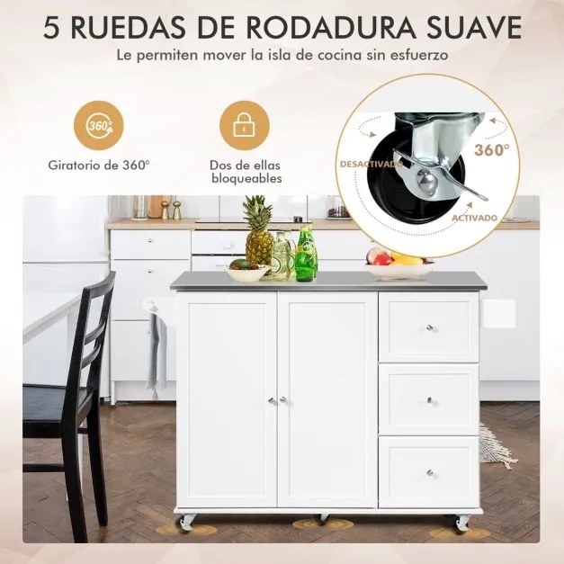 Carrinho de ilha de cozinha com bancada em aço inoxidável Estantes ajustáveis Gavetas 135 x 45,5 x 91,5 cm Branco