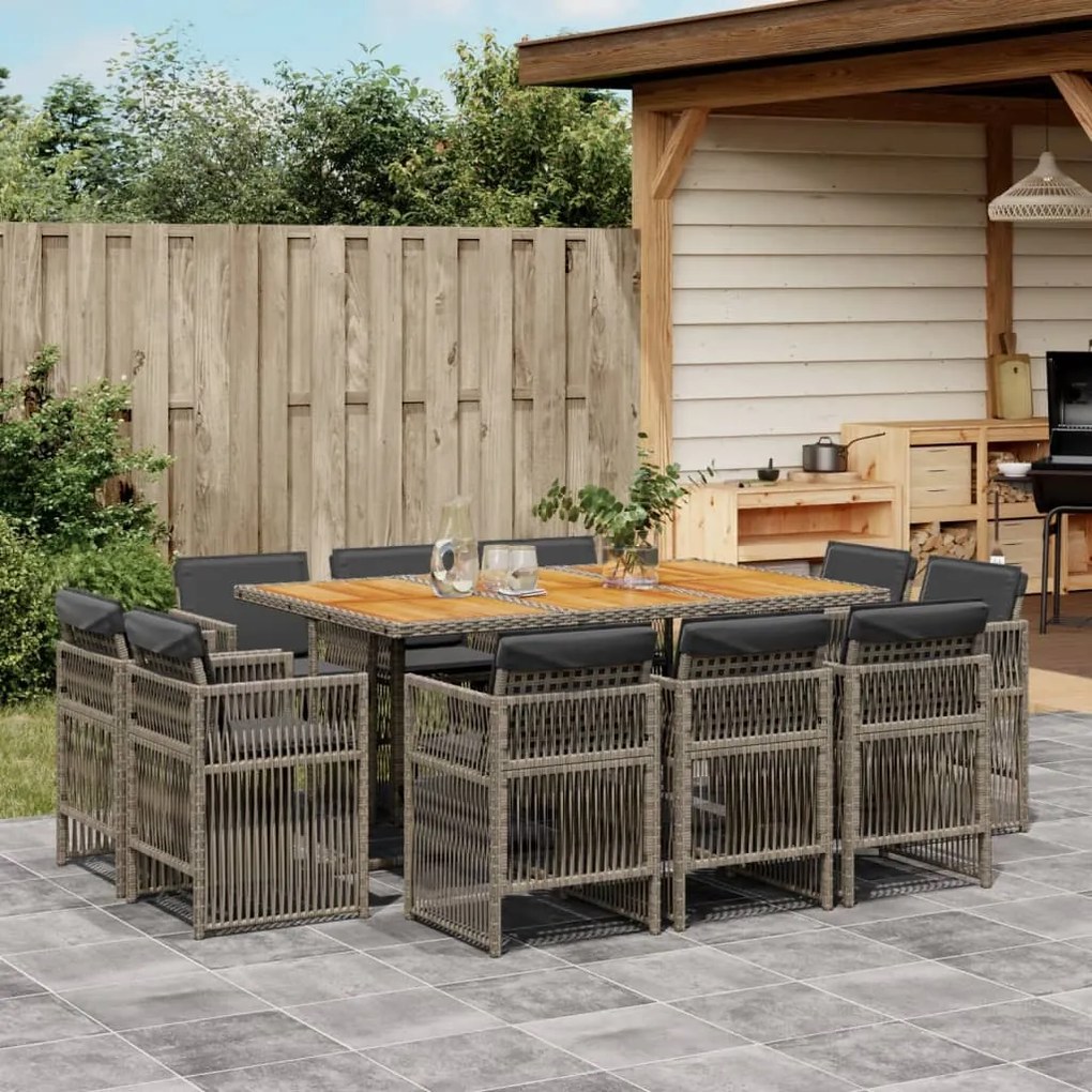 vidaXL 11 pcs conjunto jantar p/ jardim c/ almofadões vime PE cinzento