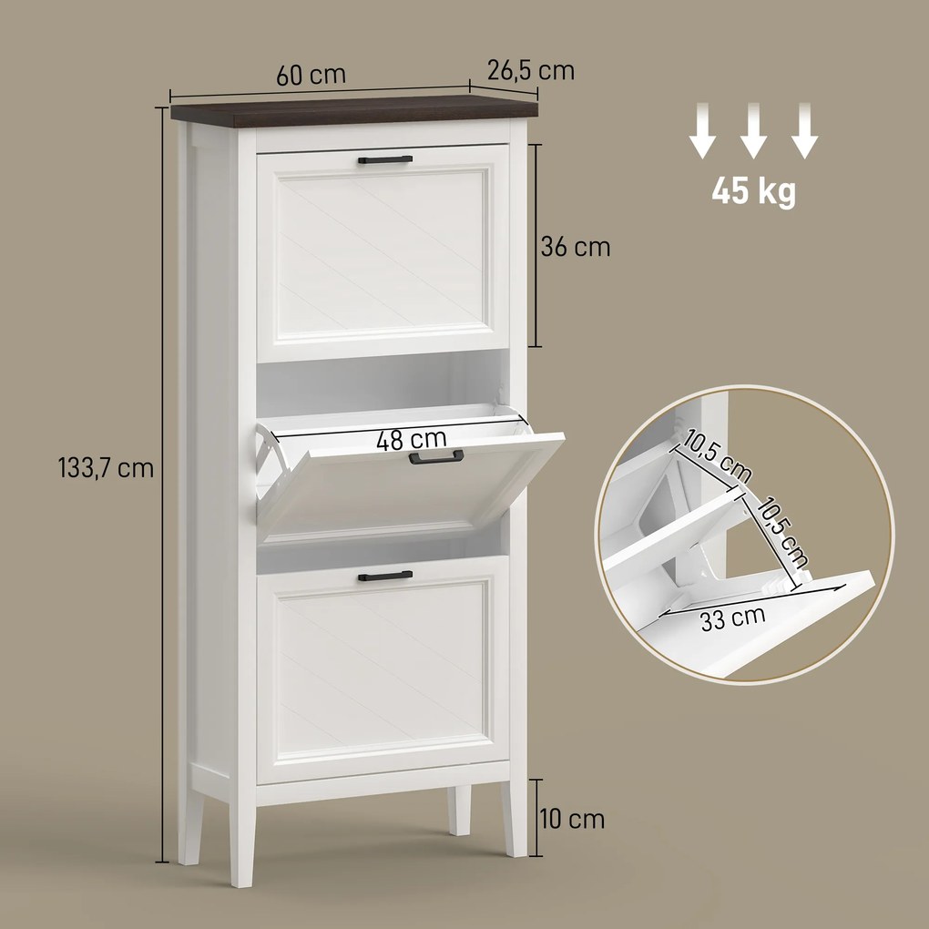 Sapateira com capacidade para 18 pares 60 x 26,5 x 133,7 cm, armário estreito com 3 gavetas rebatíveis e prateleiras ajustáveis, branco