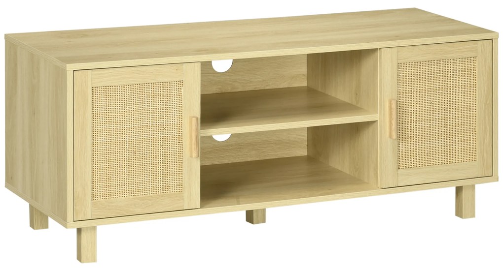 HOMCOM Móvel de TV Bancada de TV 2 Nichos 2 Armários Porta em Vime de Ratã 115x40x48 cm MDF Aspecto de Madeira Clara | Aosom Portugal