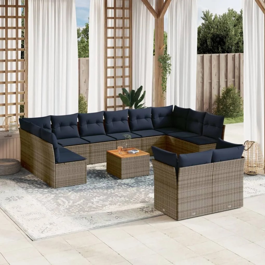 vidaXL 13 pcs conjunto sofás p/ jardim c/ almofadões vime PE cinzento